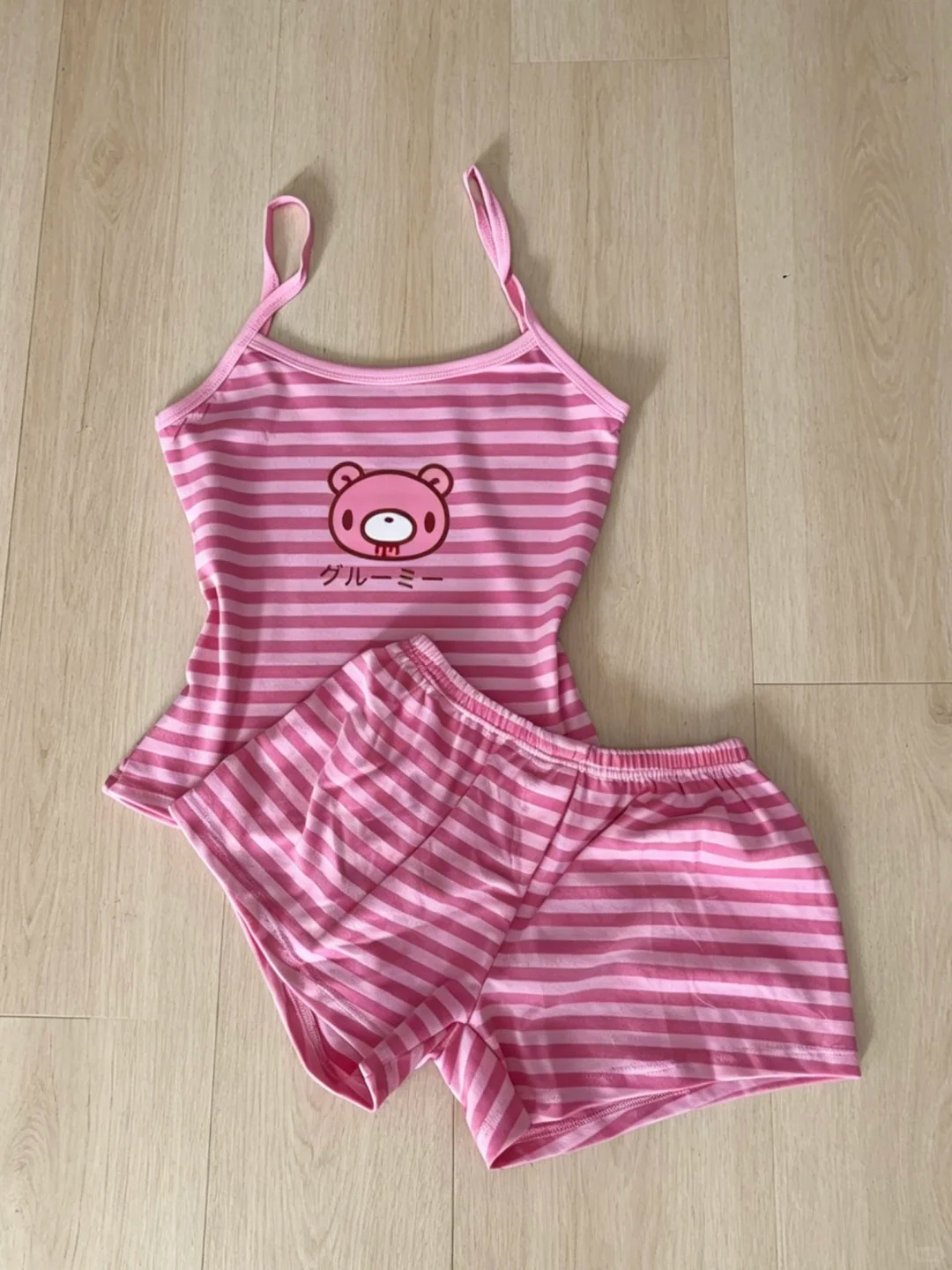 Japanese style pink striped bear camisole top and shorts set, summer soft girl student loungewear two-piece set