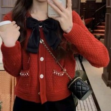 优雅气质2025秋冬新款甜美蝴蝶结毛衣外套女轻奢时尚小香风针织衫