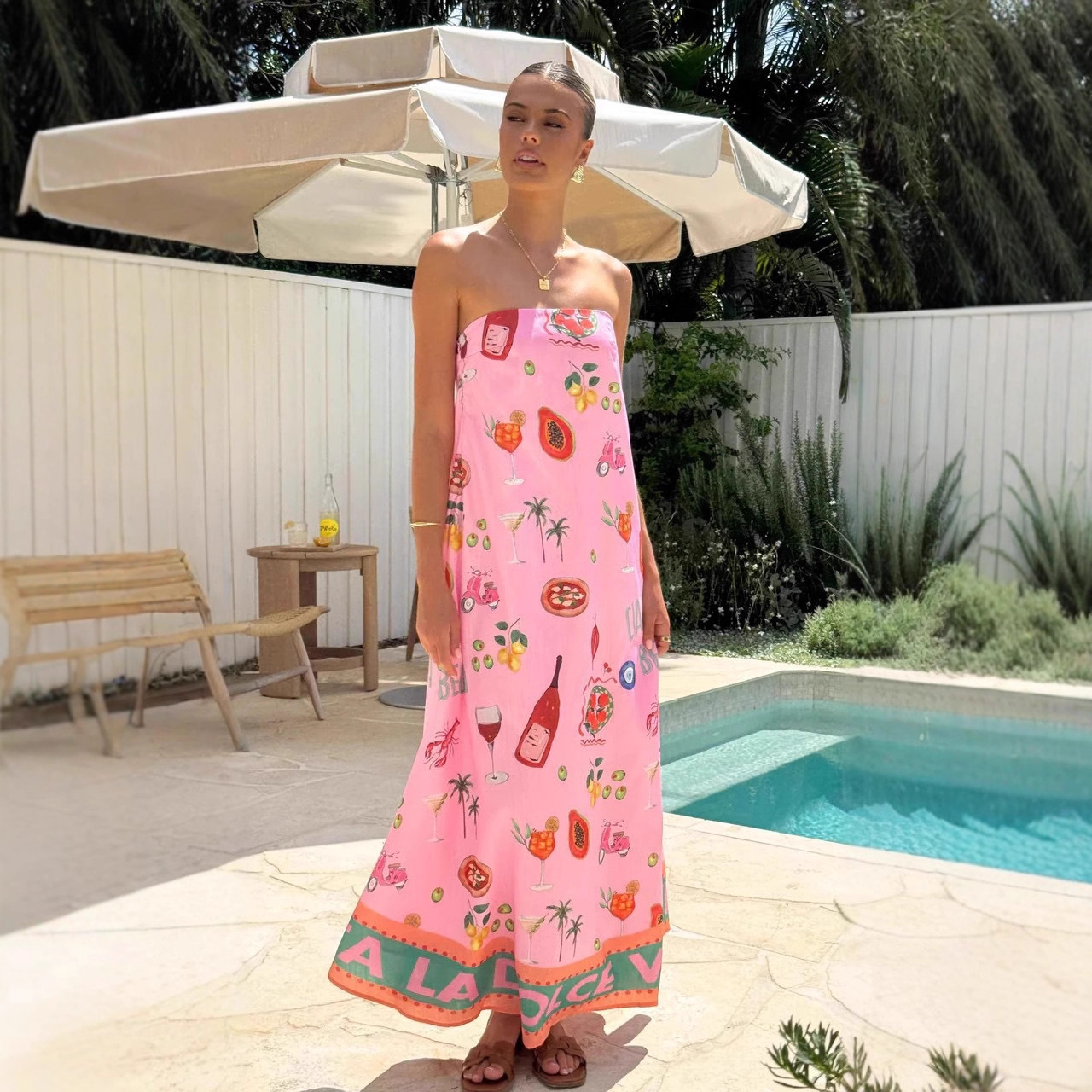 跨境欧美2025新速卖通亚马逊独立站气质休闲亚麻度假风抹胸连衣裙