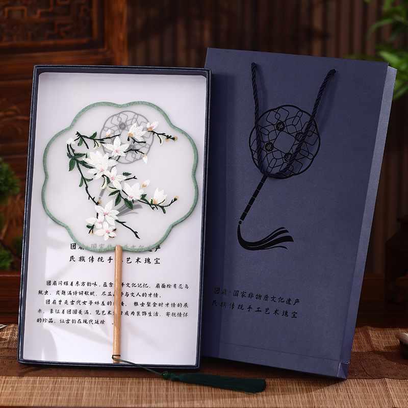 Abanico de grupo bordado Abanico de estilo antiguo Abanico femenino bordado Su Abanico de baile de estilo chino de mango largo Abanico de palacio Hanfu Abanico redondo cheongsam para niños