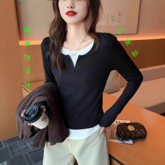 严选H261假两件设计感长袖T恤女秋季修身显瘦别致上衣圆领打底衫