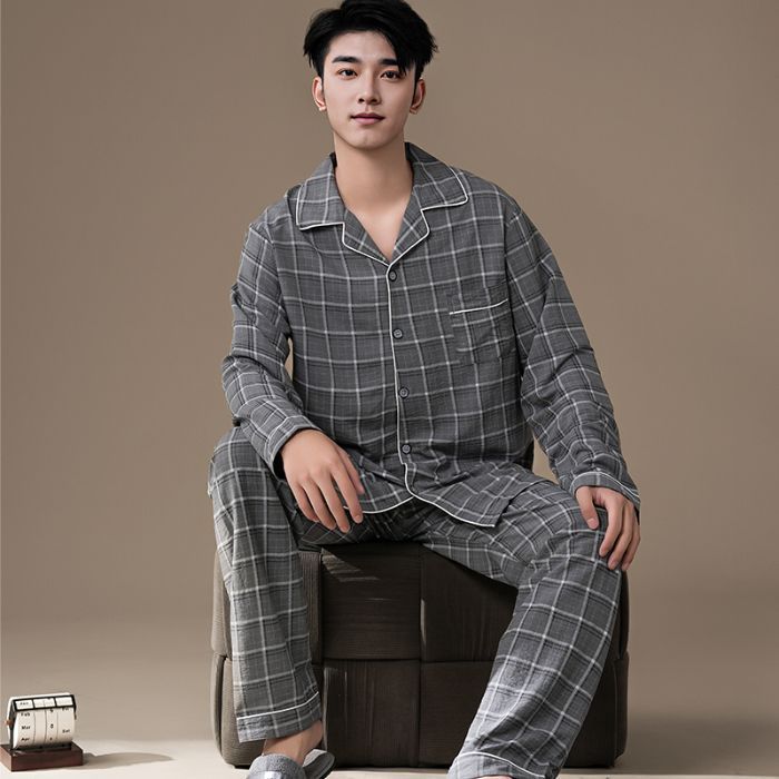 Spring Summer Autumn New Pajamas Men's Cloud Cotton Long Sleeve Trousers Cardigan Lapel suit Loose Casual Outer Wear Home Clothes