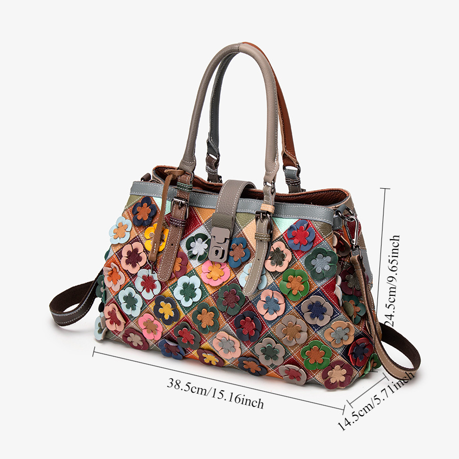 2025 Genuine Leather Handbag For Women - Handmade Trendy Niche Luxury Fashion Spliced Flower Shoulder & Crossbody Bag - Thumbnail 2