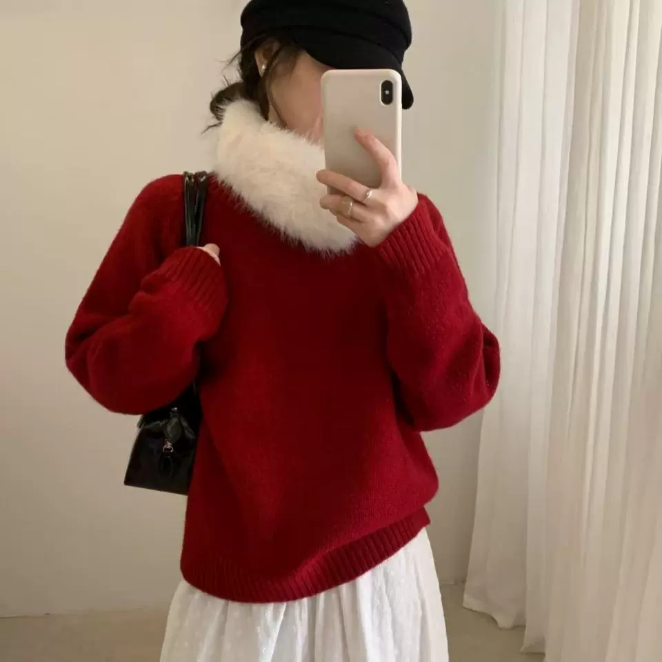 2025冬季新款宽松慵懒风圆领带毛领长袖针织衫套头毛衣女chic上衣
