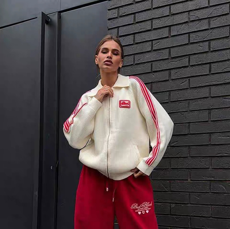 Badblood American Retro 91 Star Towel Embroidered Lapel Raglan Knitted Cardigan Zipper Jacket Baseball Uniform for Women