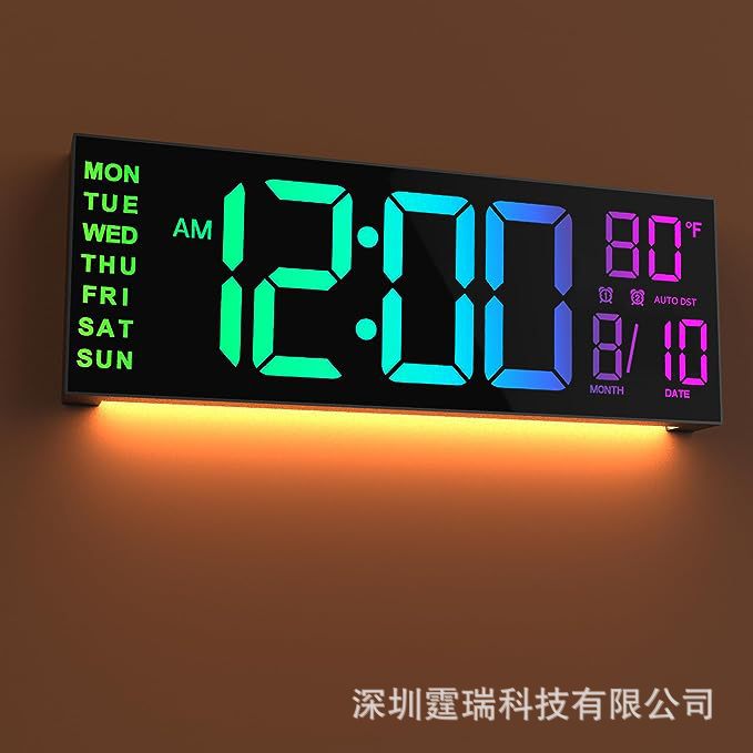 亚马逊热销款16寸大LED型RGB数字壁挂式时钟可远程遥控夜灯和闹钟