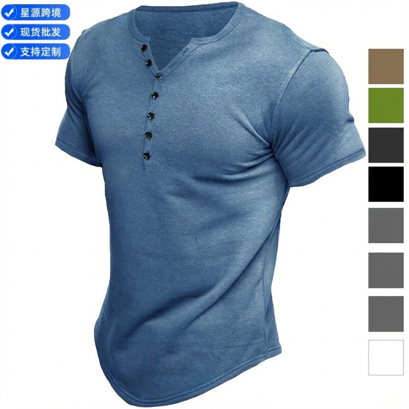 2026 Cross-Border Amazon Men's Henley Shirt Short Sleeve Men's Solid Color T-Shirt Top T-Shirt with Badge Breathable Loose Fit