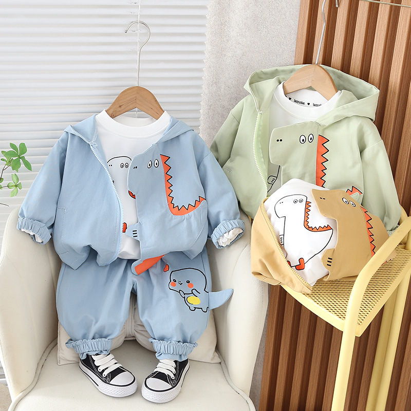 2024 spring new boys' cartoon hooded long-sleeved three-piece suit boys' casual zipper shirt suit trendy hair generation