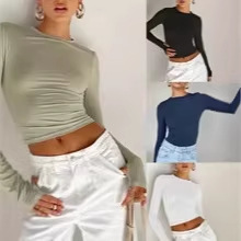 2025 Amazon European and American Women's Clothing Spring New Style T-Shirt Solid Color Round Neck Base Shirt Slim Long-Sleeve Top for Women