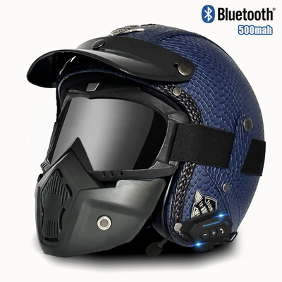 certification cross-border electric motorcycle retro, Motosiklet kaskı (dəbilqə) - v-blue-fish-print-mask-bluetooth-s