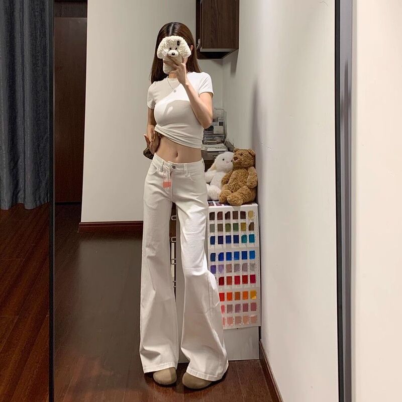 Korean Versatile Commuter Style Low-Waist Loose Non-Stick Leg Jeans for Women 2025 Autum Simple Flesh-Covering Pants
