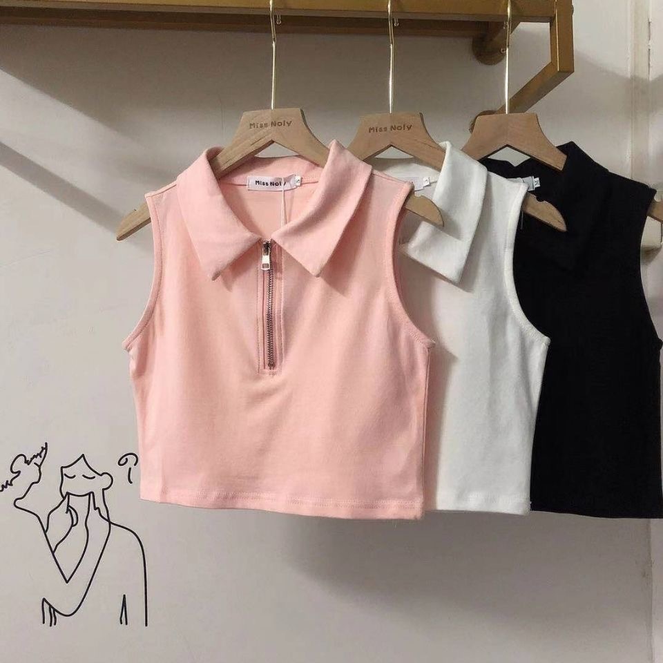 Verano de las niñas nuevo chaleco camisa de polo estilo coreano cremallera solapa moda corto chaleco sin mangas de color sólido de los niños moda