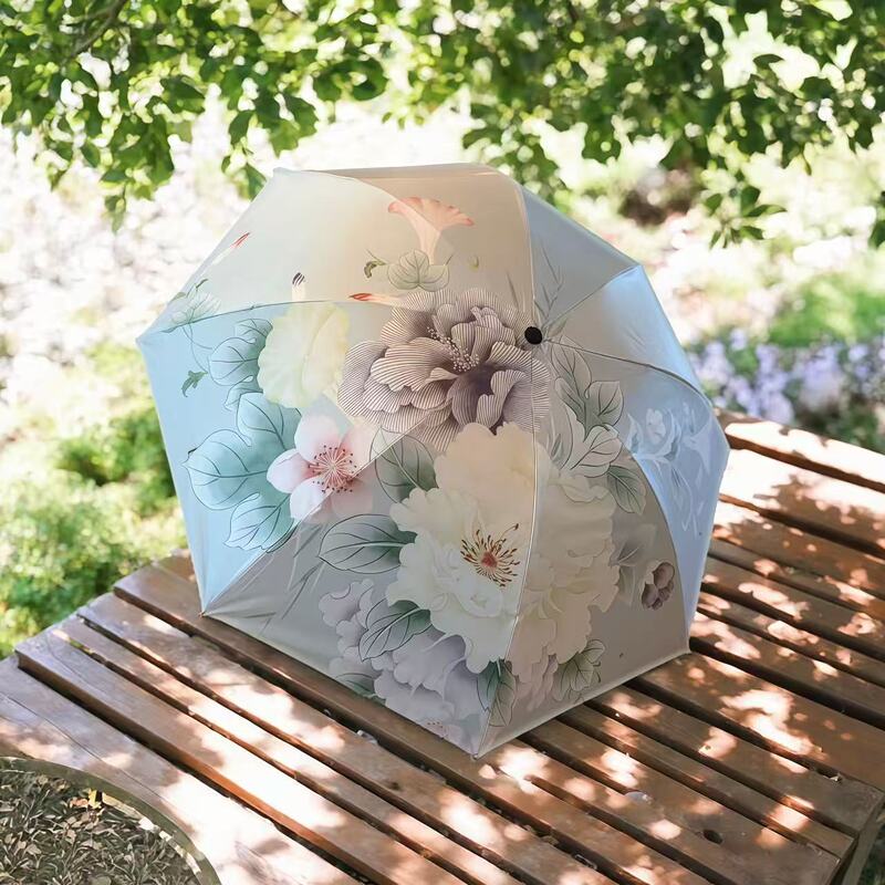 Green Leaf Bouquet Chinese Style Flower Digital Printing Sunny Umbrella 8 Ribs Manual Foldableing Model