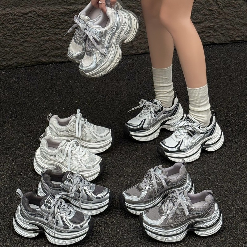 厚底真皮老爹鞋女2025秋季新款休闲运动鞋小个子增高拼色网面透气|undefined