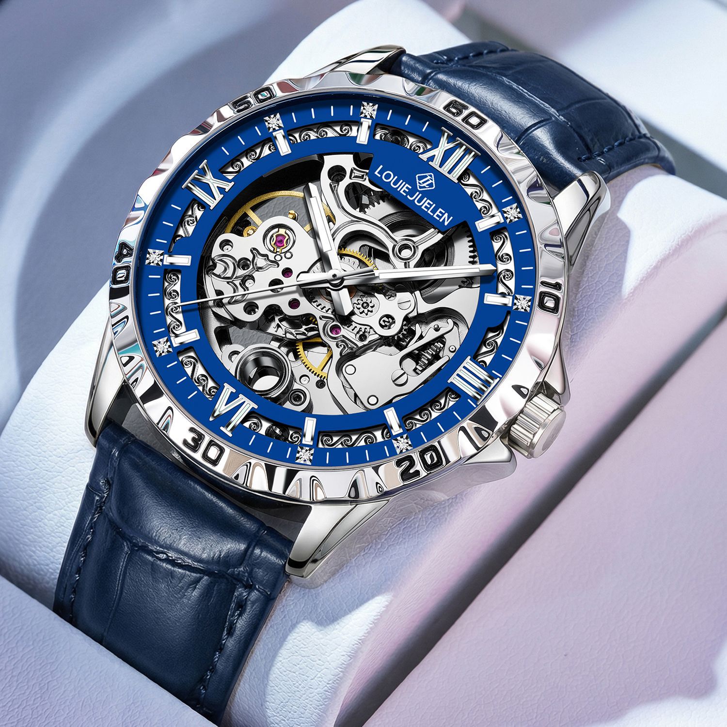 Reloj mecánico automático de hueco LOUIE JUELEN Reloj de hombre de negocios impermeable reloj de luz nocturna