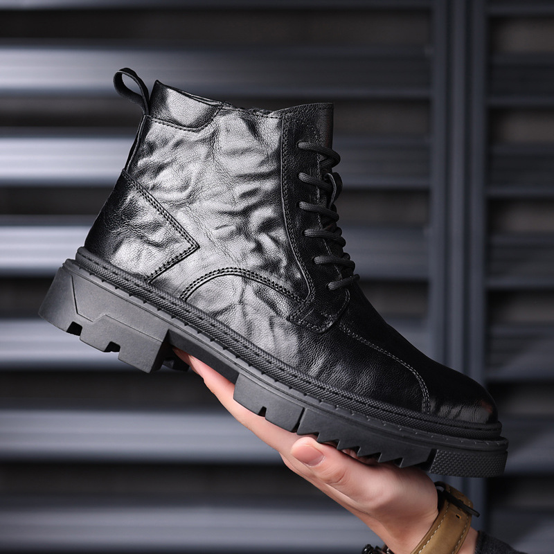 Primera capa de piel de oveja de los hombres botas Martin de alta superior forrado de lana caliente zapatos acolchados de algodón Mono de cuero botas de los hombres de moda botas de cuero