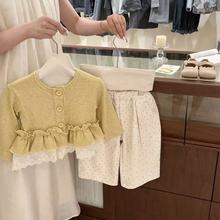 女童新款春秋季韩版套装洋气花边开衫外套波点长裤时尚两批发