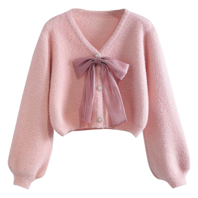 Трикотажный кардиган Короткий имитационный норковый бархатный свитер куртка женский 2023 осень и зима новый иностранный минус возраст свободный бант