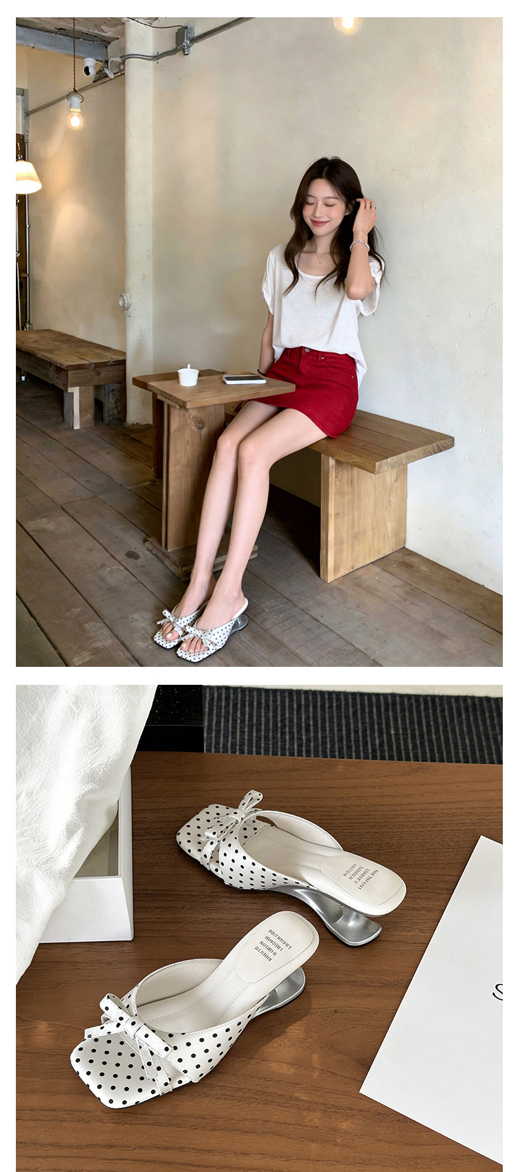 Sandal cao gót nữ mũi vuông hở ngón, đế xuồng chấm bi nơ bướm, gót 6 cm — màu đen, màu trắng ngà, màu mơ chi tiết 25