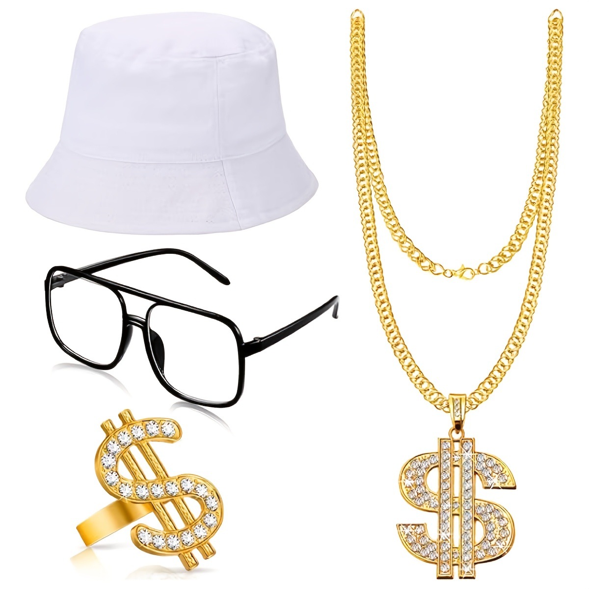 Hip-Hop collar de oro pulsera negro pescador sombrero explosivo gafas marco anillo de dólar vestido de baile conjunto