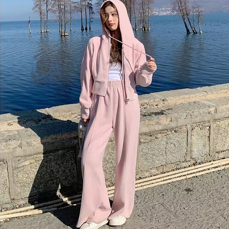 Fashion Street Sports Suit Women's Spring and Autumn Internet Celebrity Hoodie Short Coat High Waist Wide Leg Casual Pants Two-piece Set