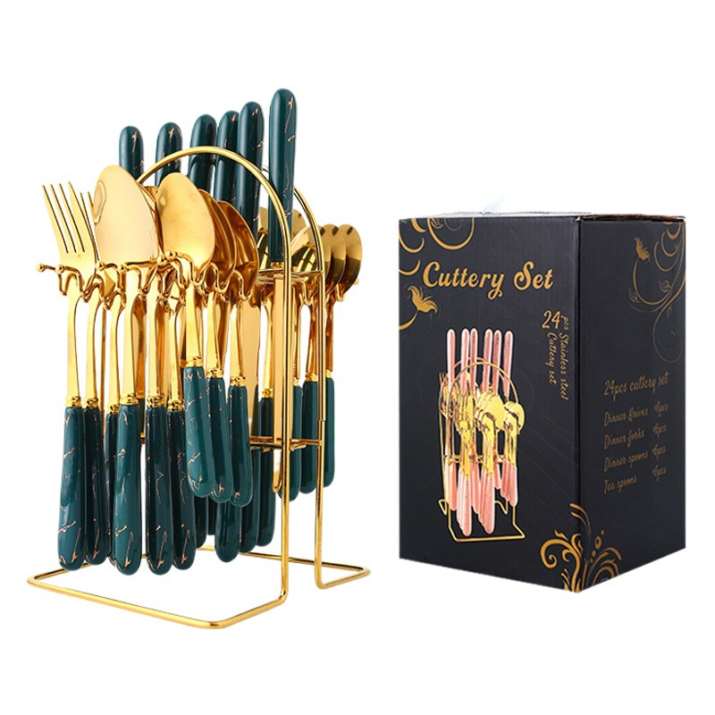 Amazon transfronteriza de acero inoxidable mango de cerámica vajilla 24 piezas traje cuchillo de carne tenedor cuchara de té vajilla occidental caja de regalo traje