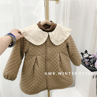 Children's lapel quilted dress windbreaker female treasure Brown lace quilted cotton fleece-lined cotton-padded coat winter new foreign trade