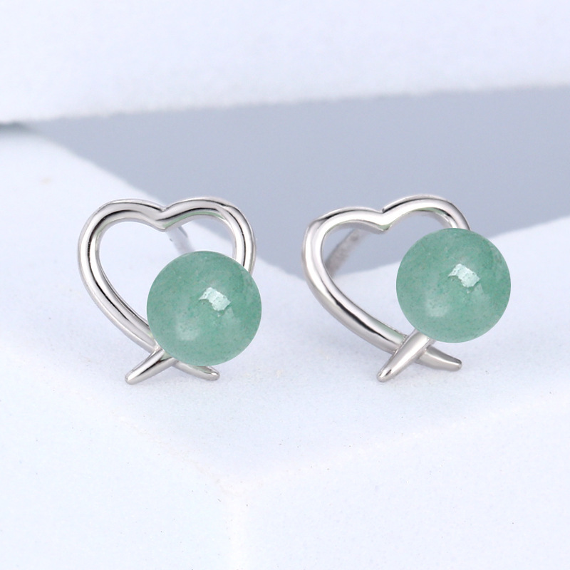 S925银韩版心形绿玉耳钉 简约小巧爱心东陵玉耳环时尚桃心耳饰