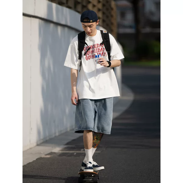 Behakene Early Work Clothes Japanese Style Retro T-Shirt Men's Short-Sleeved Holiday Print Loose Simple Couple Wear