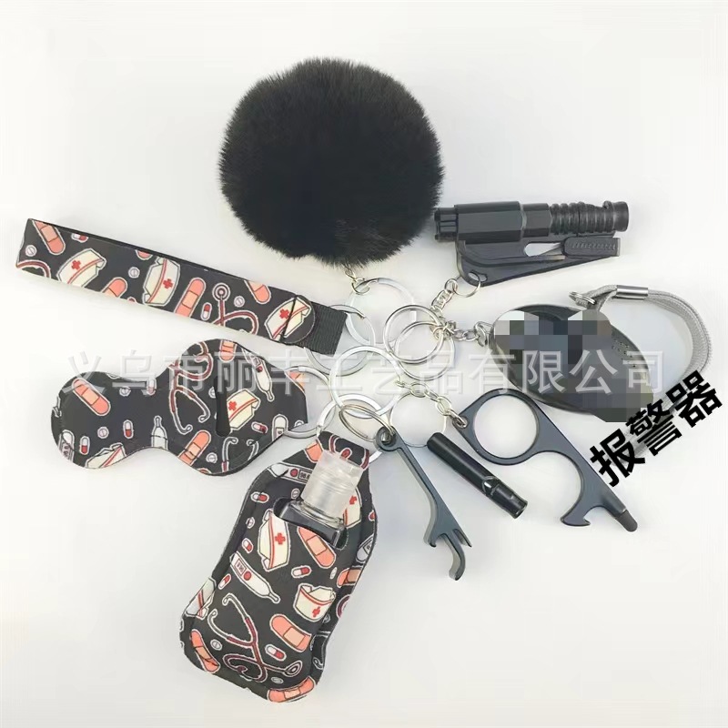 Llavero de muñeca de espejo cruzado Juego de 10 piezas Bolsa de desinfectante de manos para mujer Llavero de alarma de aluminio