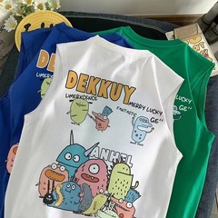 100% Cotton Cartoon Print Children's Backless T-shirt for Boys, Sleeveless T-shirt, Summer 2023 New Arrival Loose Fit for Big Kids