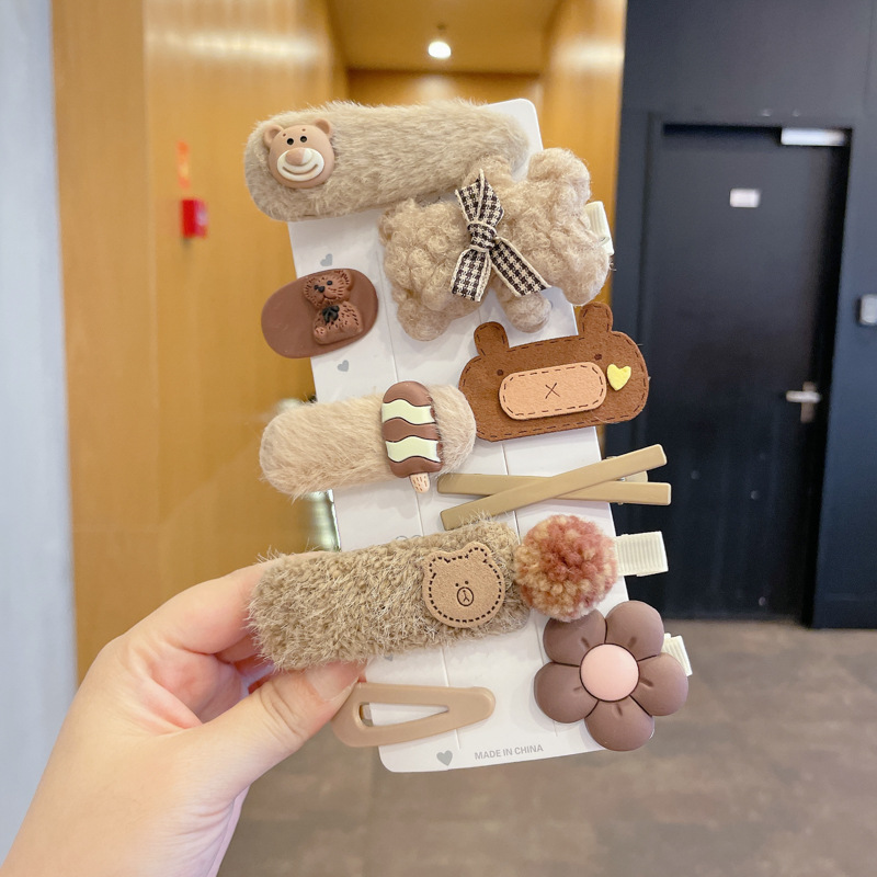 Otoño e invierno color café leche clip para el cabello para niños flequillo clip tocado bebé lindo flor de felpa horquilla accesorios para el cabello al por mayor