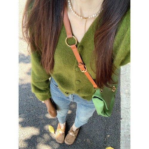 Avocado Green Knit Cardigan for Women - High-End, Relaxed Style, Outerwear Sweater Jacket with Soft Collar - Retro Top