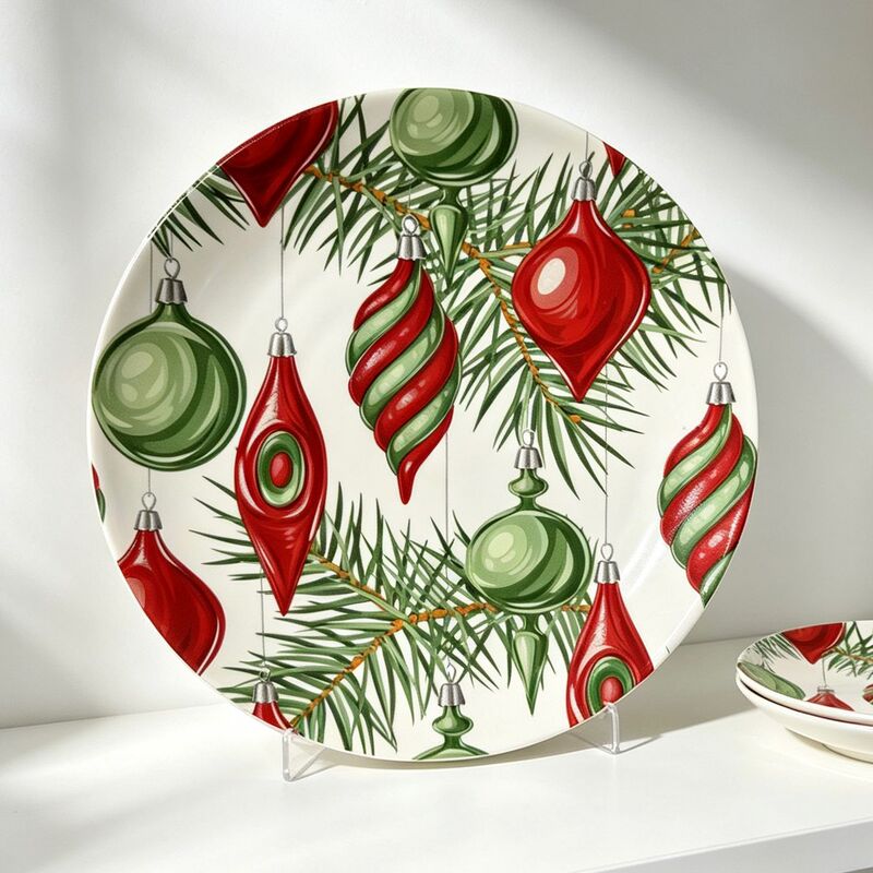 Christmas-Themed Ceramic Plate with Red and Green Hanging Ornaments and Pine Branch Pattern, Flat Plate for Home, Hotel, Restaurant, Holiday Atmosphere Tableware