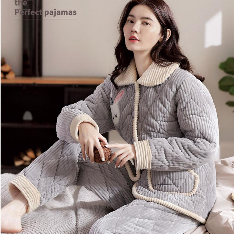 여성 잠옷 가을 겨울 3겹 벨벳 두꺼워진 퀼팅 재킷 플란넬 산호 양털 홈 의류 세트 외부에서 착용 가능