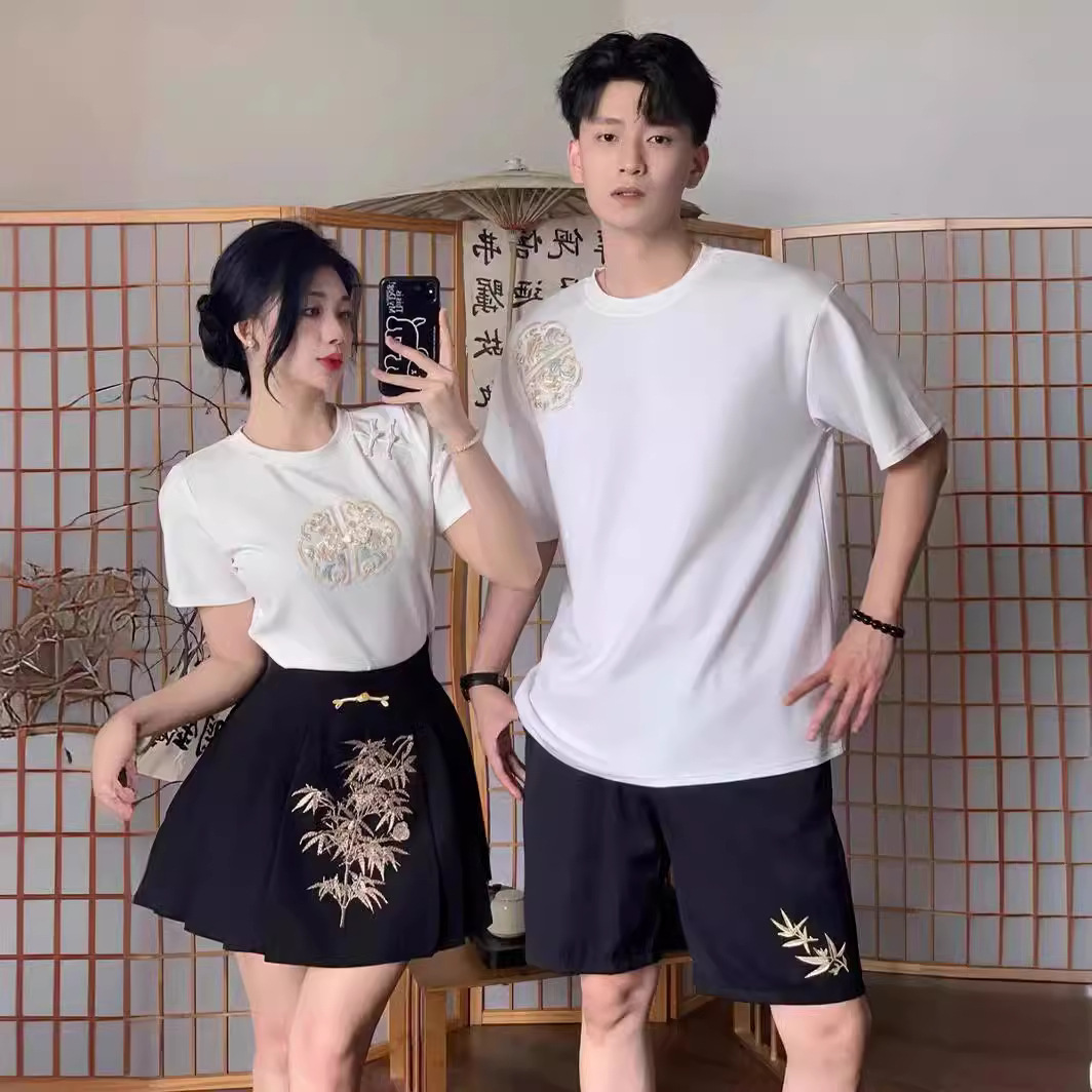 중국 커플 세트 여름 원피스 반팔 티셔츠 국가 스타일 틈새 디자인 2024 새로운 하이 엔드 세트