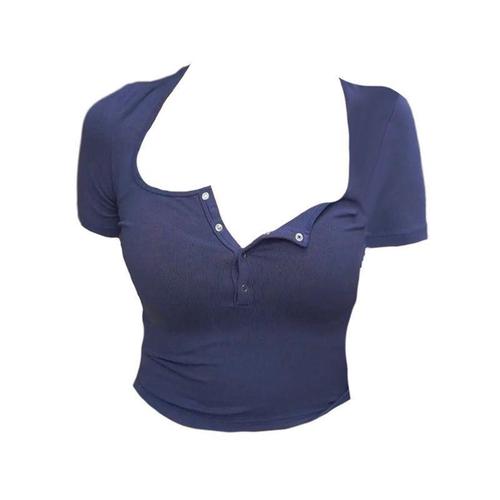 High-waist European and American slim-fitting tight-fitting sexy U-neck low-cut short-sleeved T-shirt for women to show large breasts top V-neck base shirt