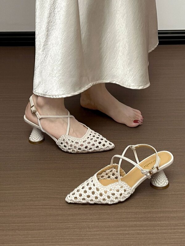 Sheepskin Version~ Artistic Roman Style Open-Toe Sandals for Women, Woven Hollow Fishnet Cross-Strap Pointed High Heels for Women, Summer Sheepskin Version~ Artistic Roman Style Open-Toe Sandals for Women, Woven Hollow Fishnet Cross-Strap Pointed High Heels for Women, Summer