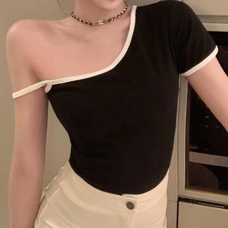 黑色辣妹吊带半袖T恤女2025夏季设计感独特别致修身露背短款上衣