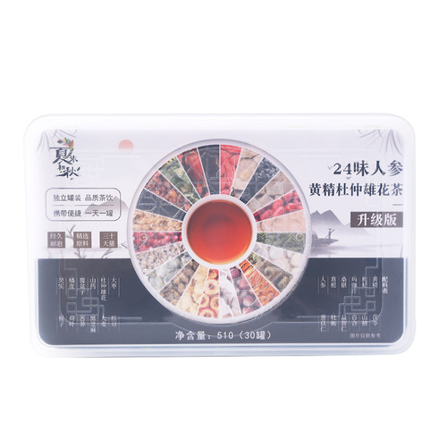 Wholesale small cans of 24 flavors of ginseng, polygonatum, eucommia and male flowers men's eight treasure combination health substitute tea 17g 30 cans