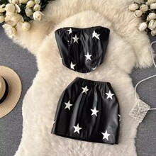 春夏新款性感辣妹风星星印花套装女短款抹胸上衣+包臀短裙两件套