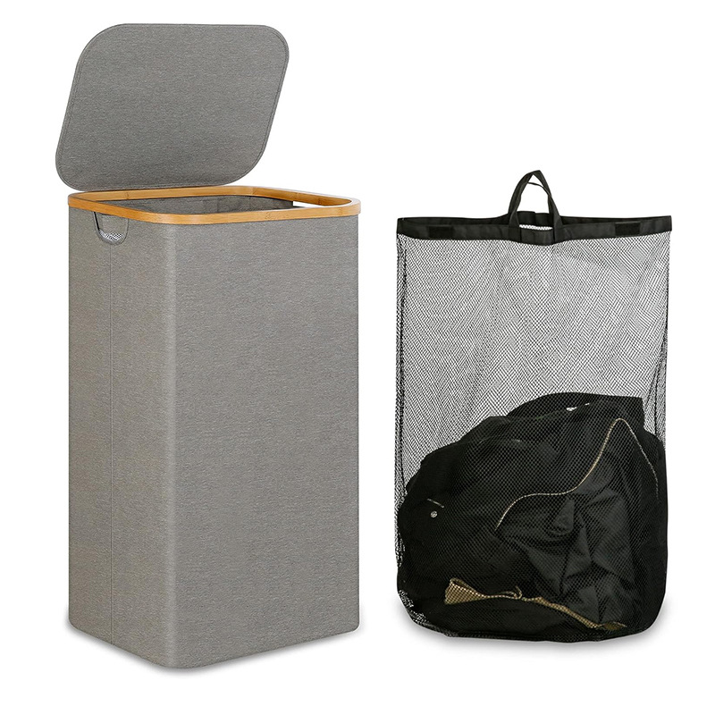 Cesta de ropa sucia con cubierta plegable reciclada de bambú, canasta de almacenamiento de tela Oxford, hogar, bolsa interior, caja de botella, a prueba de polvo