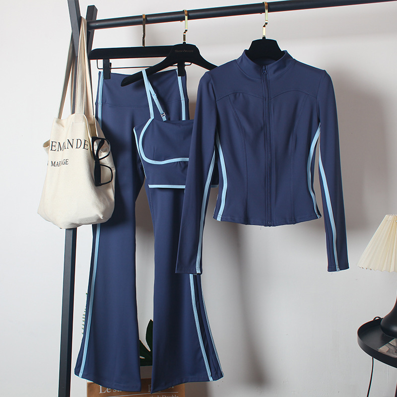 Yoga Clothing Sports Suit for Women, Spring Style, High-Waisted Flared Pants, Slimming, Dance, Morning Running, Tight-Fitting, Zippered Three-Piece Set