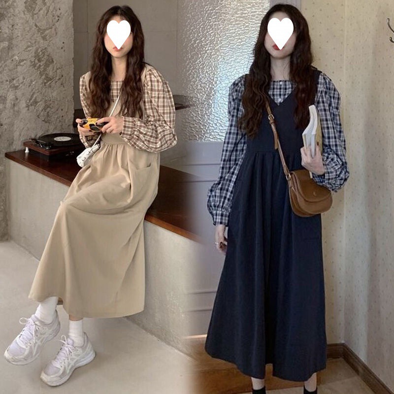 孕妇秋装套装新款韩版宽松时尚格子衬衫休闲背带裙春秋小众两件套|undefined