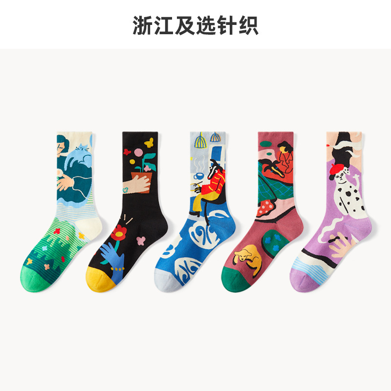 Deer Rice Oil Painting Women's Mid-Socks Ins Trendy Combed Cotton Couple's Zhuji Socks Sweat-Absorbing Dopamine Trendy Socks