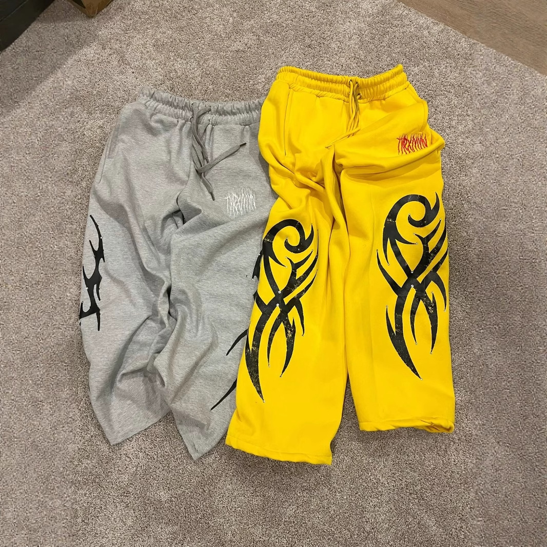 Pantalones deportivos de pierna ancha con cintura elástica para hombre, estilo europeo y americano, modernos, retro, hip-hop, rap, estampados urbanos, informales