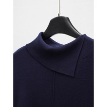 斜翻领 高档羊毛针织藏青色阔形毛衣打底衫上衣秋冬新长袖外穿女