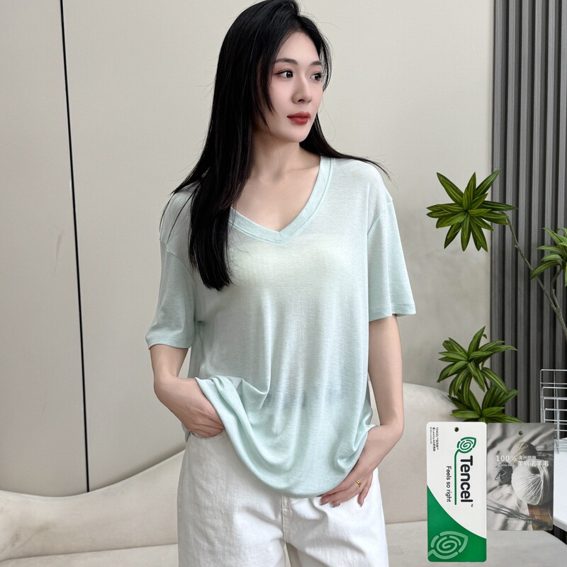 26 New Summer Style Lyocell Tencel Wool Mid-Length Large V-Neck Short-Sleeved T-Shirt for Women Casual Versatile Sun Protection Top 26 New Summer Style Lyocell Tencel Wool Mid-Length Large V-Neck Short-Sleeved T-Shirt for Women Casual Versatile Sun Protection Top
