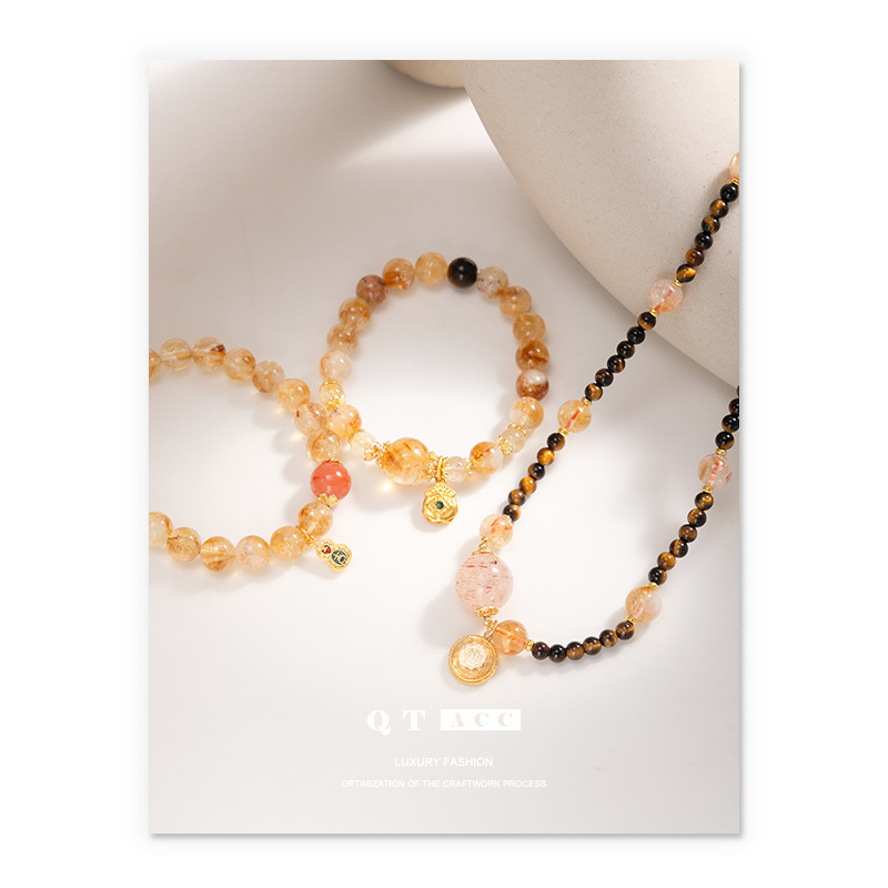 Natural amarillo cristal amarillo cristal rubio pulsera de cristal nicho ligero lujo explosión calabaza de arena oro pulsera de cristal amarillo mujer