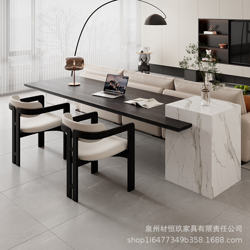Luxurious and high-end solid wood desk and island table with integrated sockets, black long table behind the sofa, double-person computer desk and chair